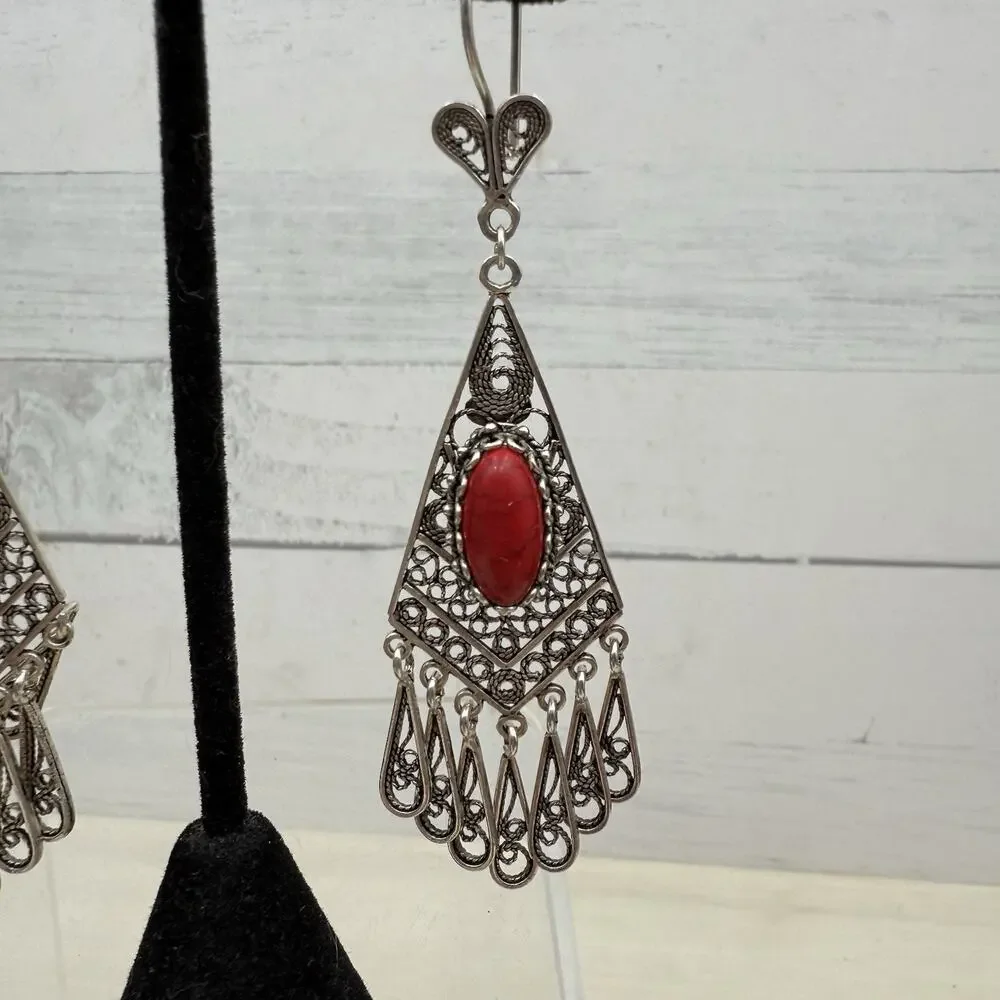 DGS Turkey 925 Sterling Silver Filigree Carnelian Dangle Earrings 16.4 grams